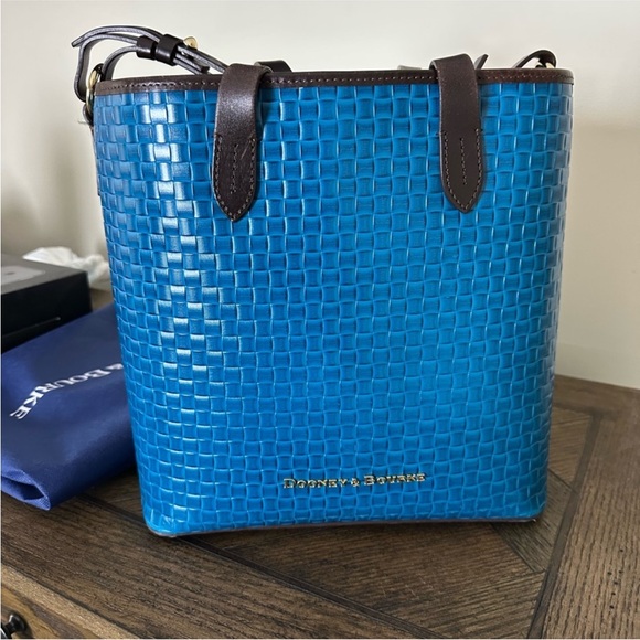 Dooney & Bourke Handbags - Dooney & Bourke Bright Blue Woven Leather Bucket Bag with Brown Trim